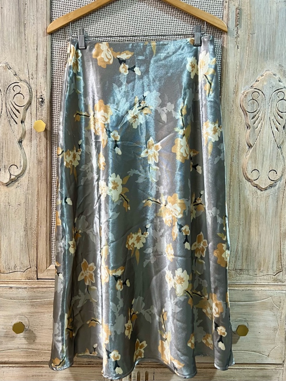 Satin Floral Maxi Skirt in Silver and Yellow